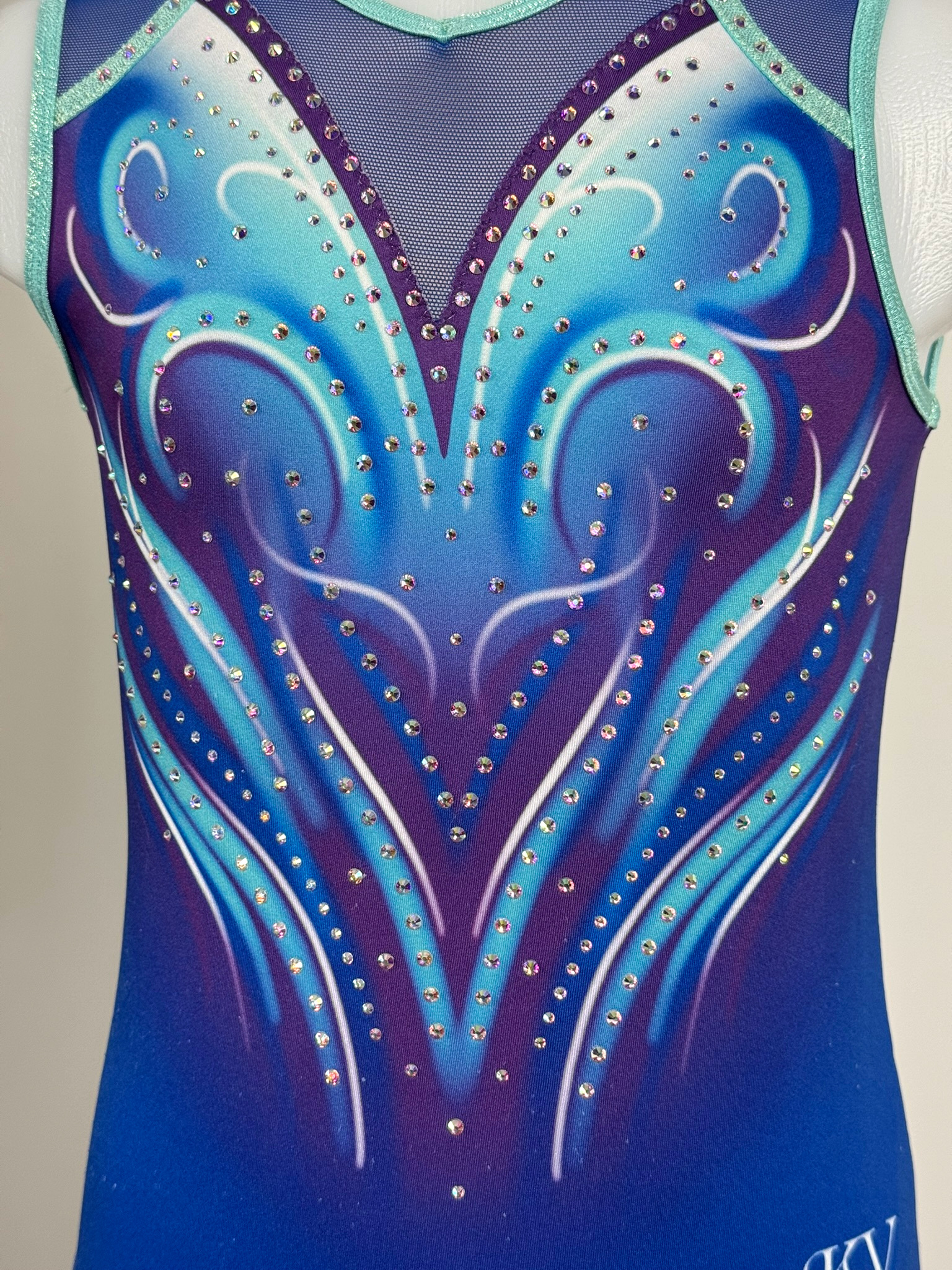 Détails des motifs du justaucorps d'occasion GAF KV leotards bleu, vue de face