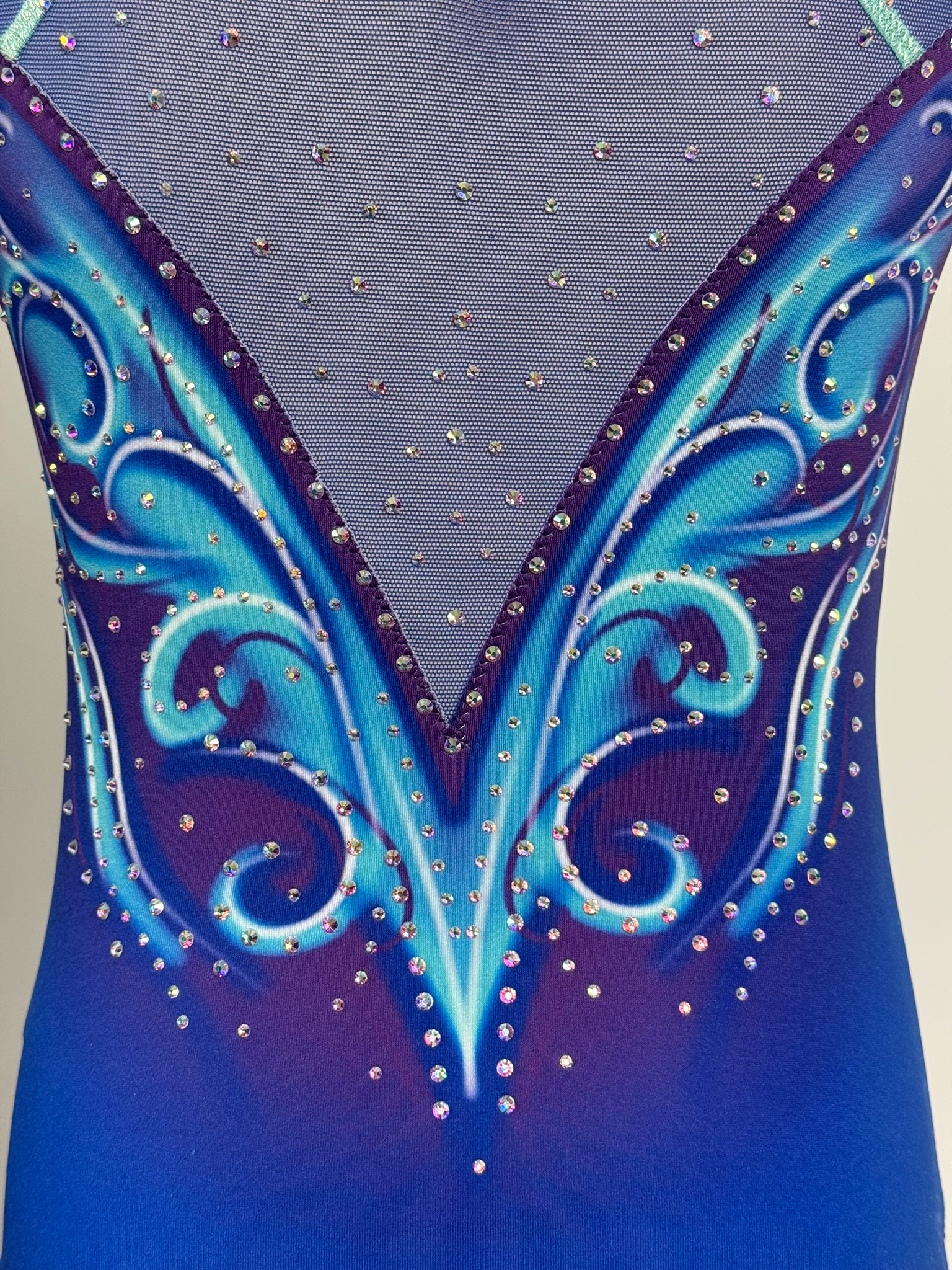 Détails des motifs du justaucorps d'occasion GAF KV leotards bleu, vue de dos